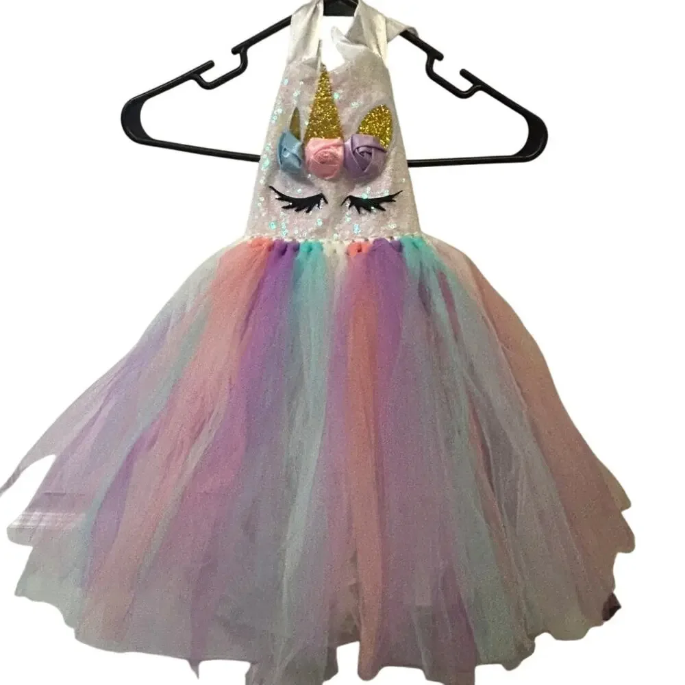 Unicorn Girls sz 6 Halloween Costume Halter white mesh tutu skirt